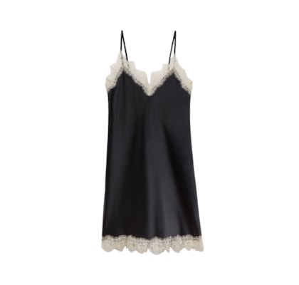 Camisola De Seda e Renda Contrastante - Preto