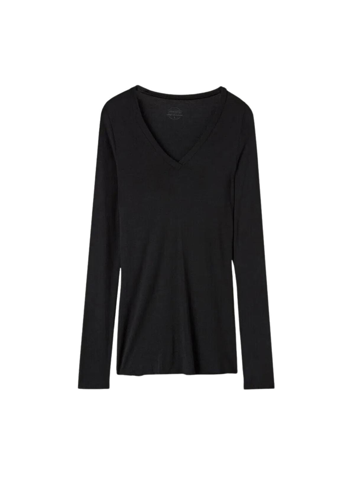 Camisola Decote v Em Modal Ultralight Com Cashmere - Preto