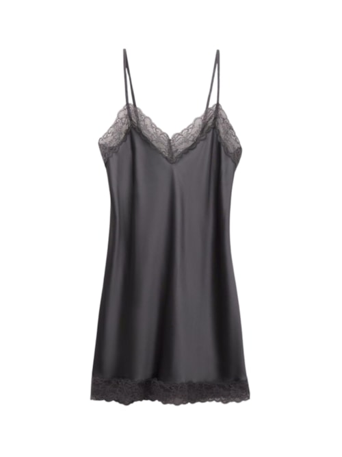 Camisola Em Seda e Renda - Cinza