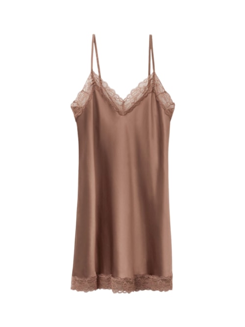 Camisola Em Seda e Renda - Marrom