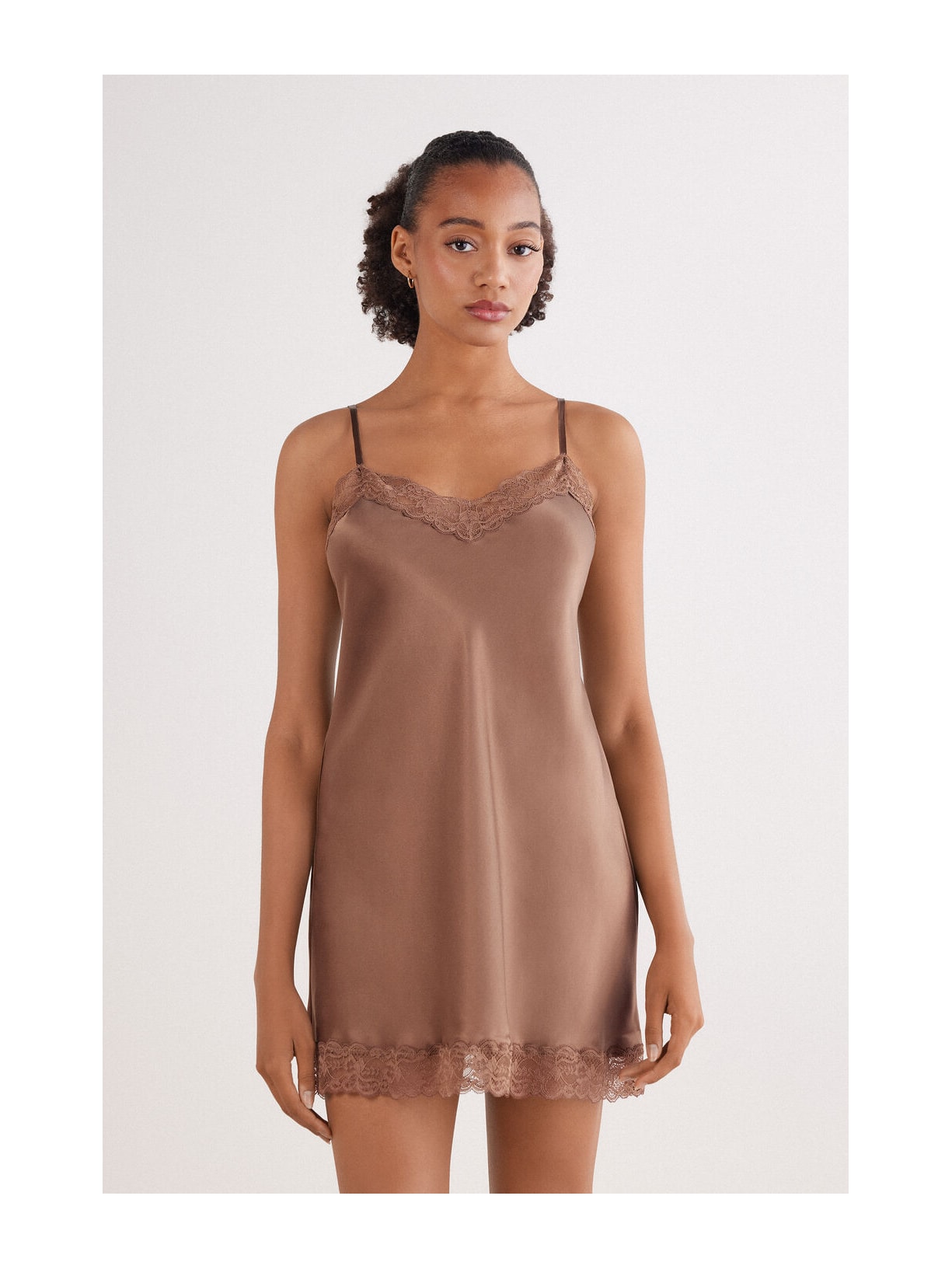 Camisola Em Seda e Renda Marrom Intimissimi