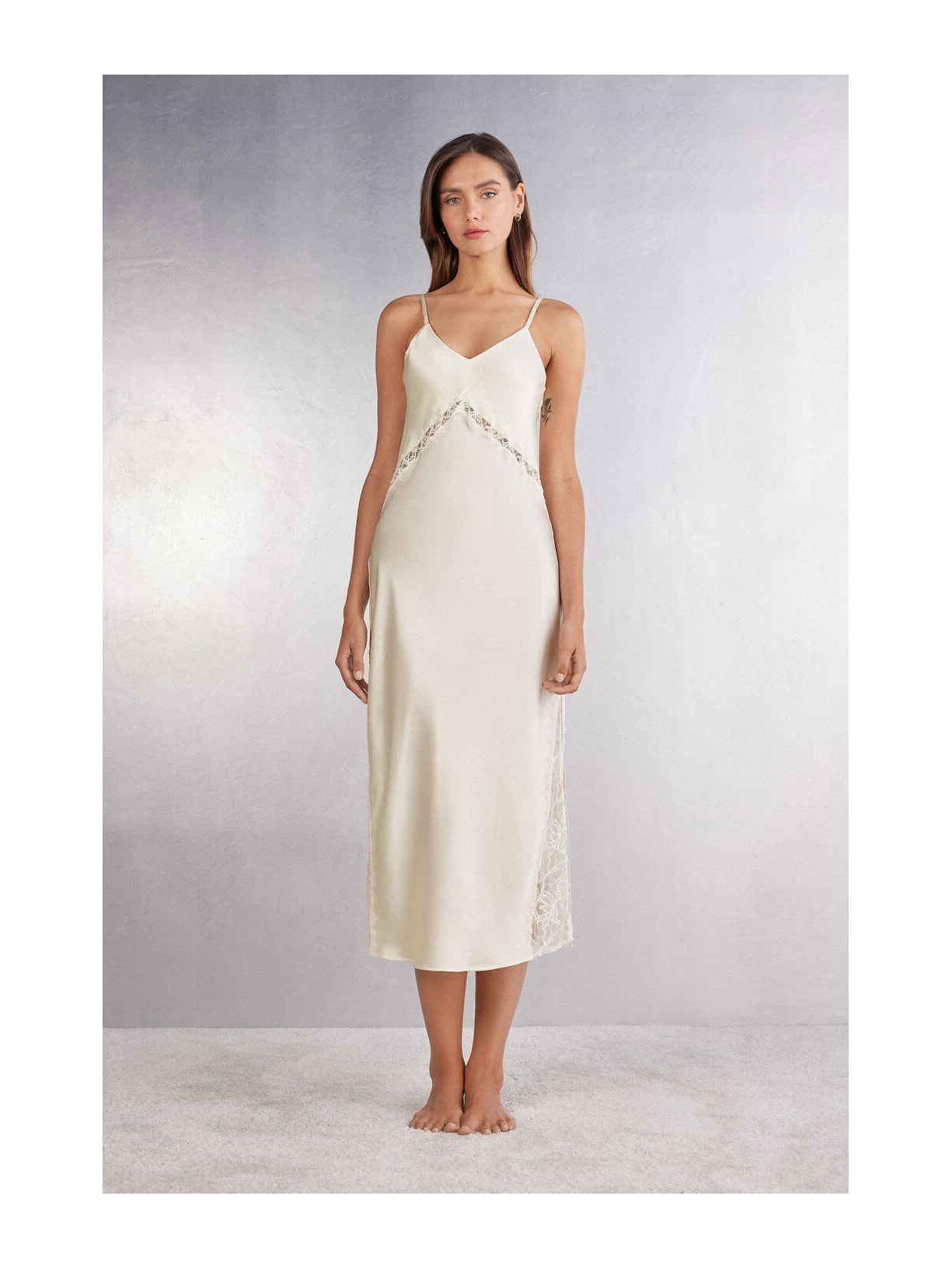 Camisola Longa Em Seda e Renda Her Beauty Marfim Intimissimi