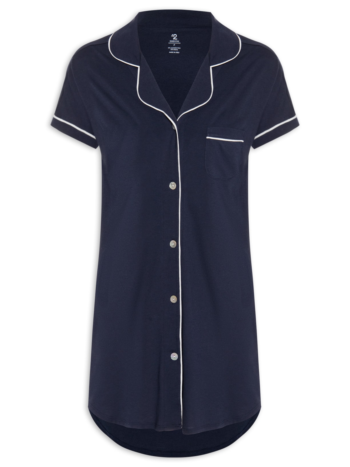 Camisola Manga Curta De Algodão Pima Com Botão - Azul