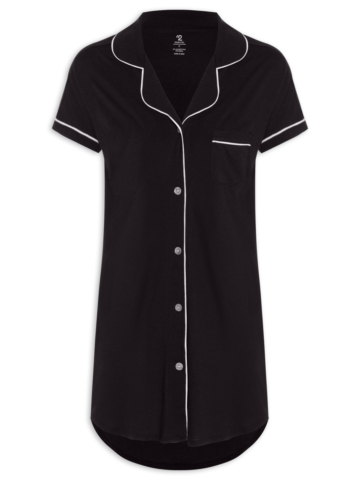 Camisola Manga Curta De Algodão Pima Com Botão - Preto