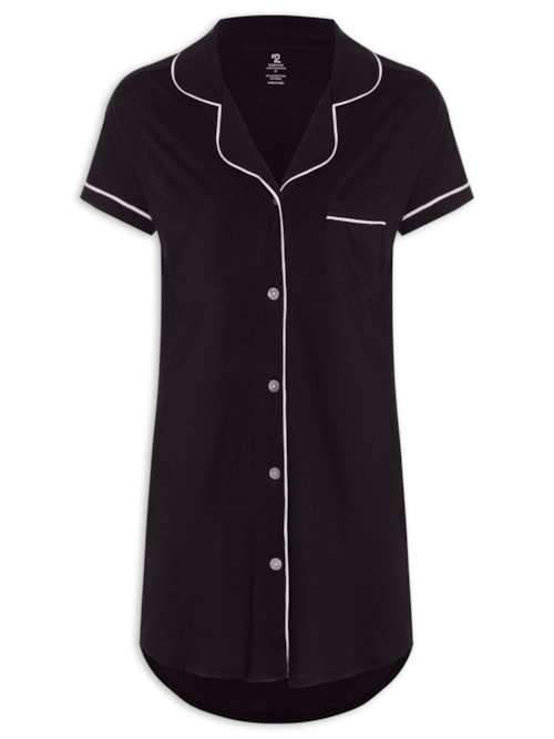 Camisola Manga Curta De Algodão Pima Com Botão - Preto
