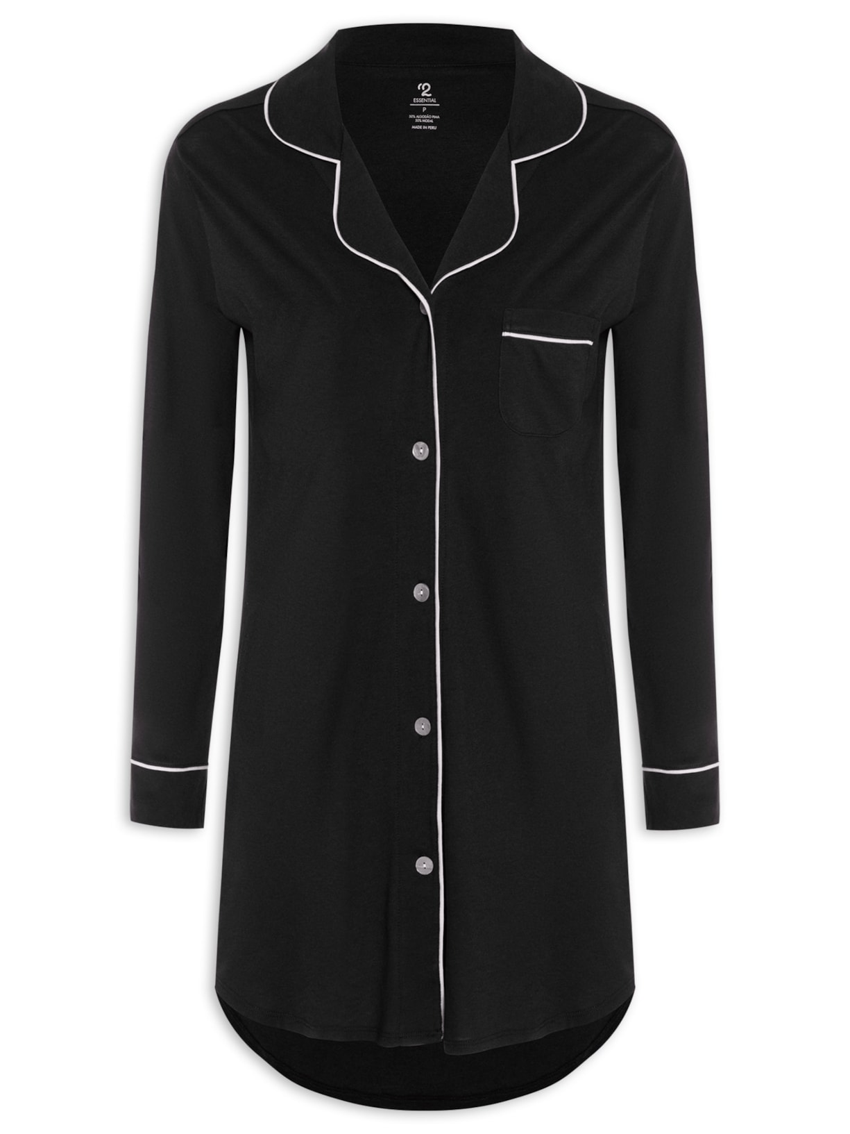 Camisola Manga Longa de Algodão Pima com Botão - Preto