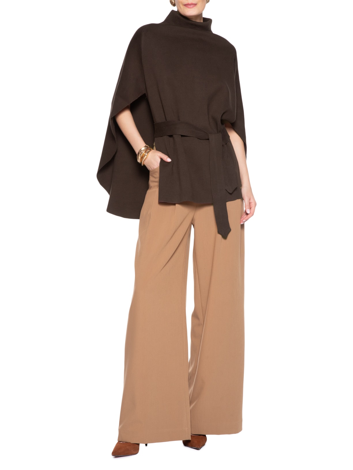 Capa Feminina Mininal Com Cinto Marrom Anselmi