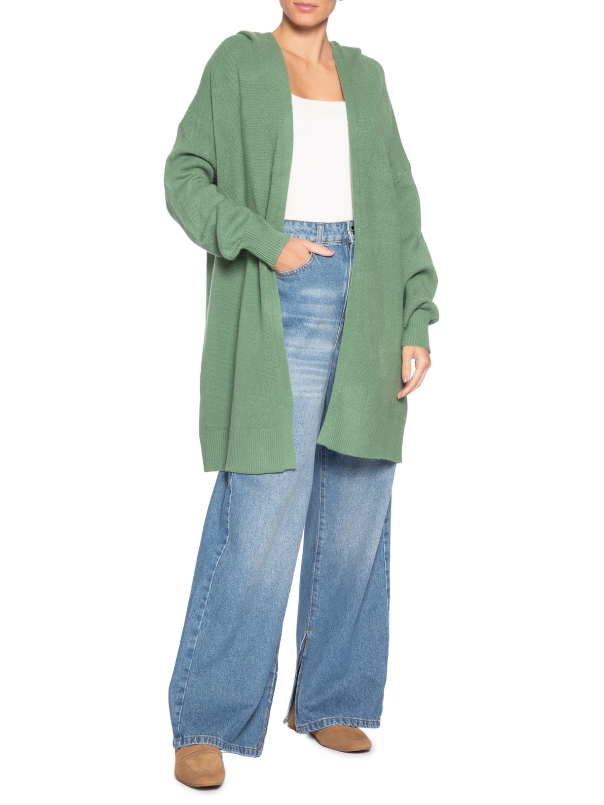 Cardigã Feminino Alongada Com Capuz Verde Basiq