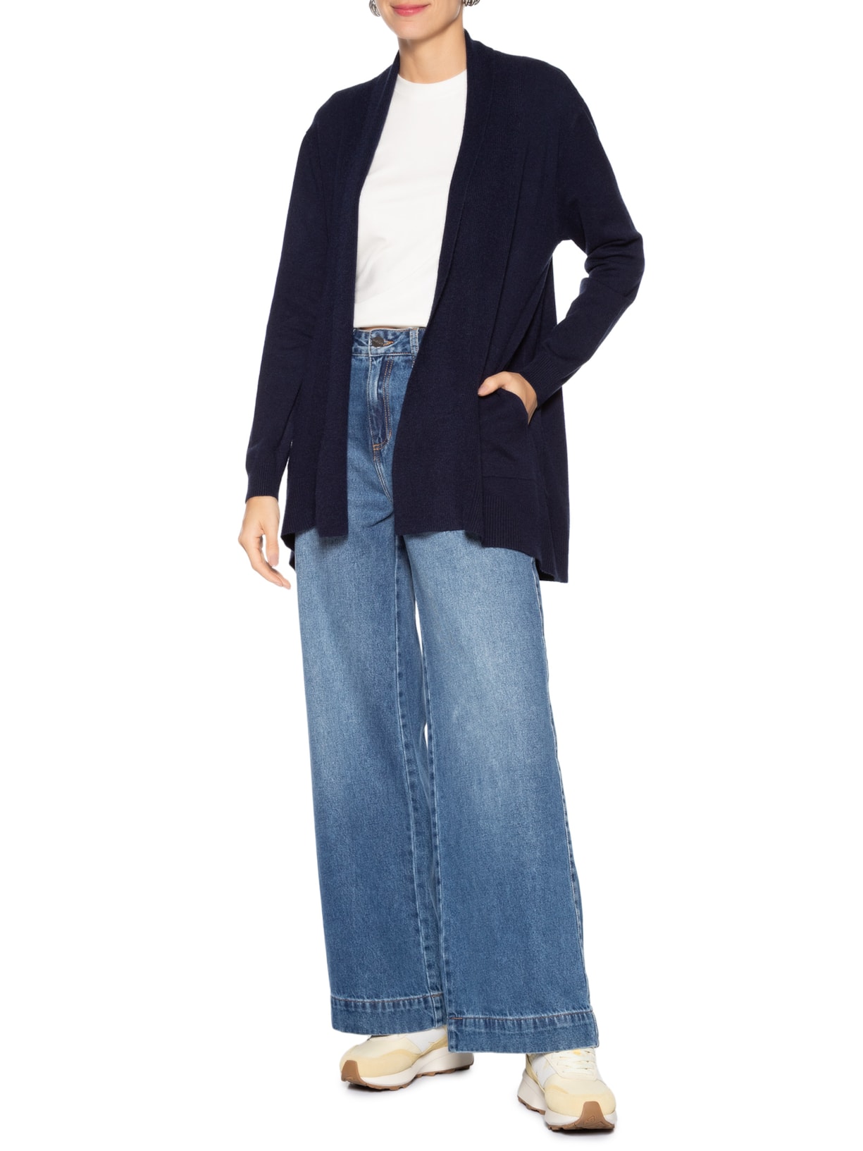 Cardigã Feminino Alongado Comfy Em Tricot Azul Basiq