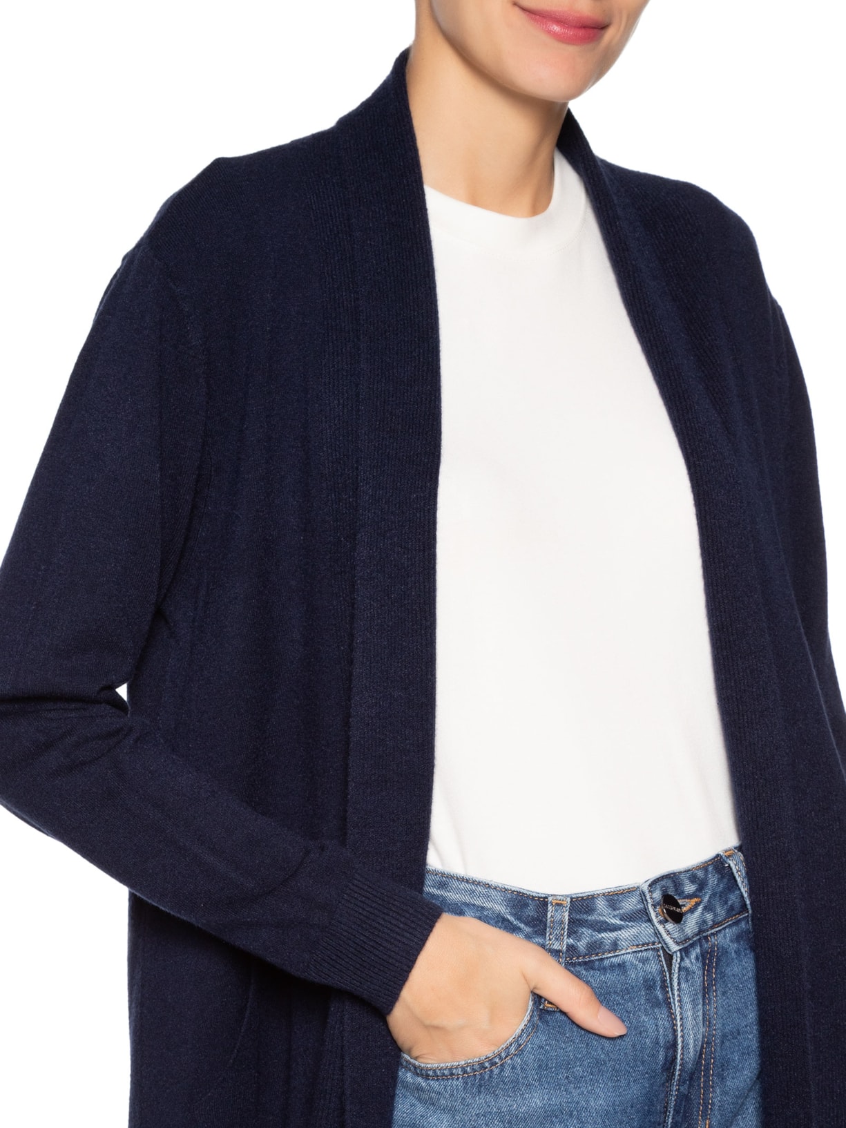 Cardigã Feminino Alongado Comfy Em Tricot Azul Basiq