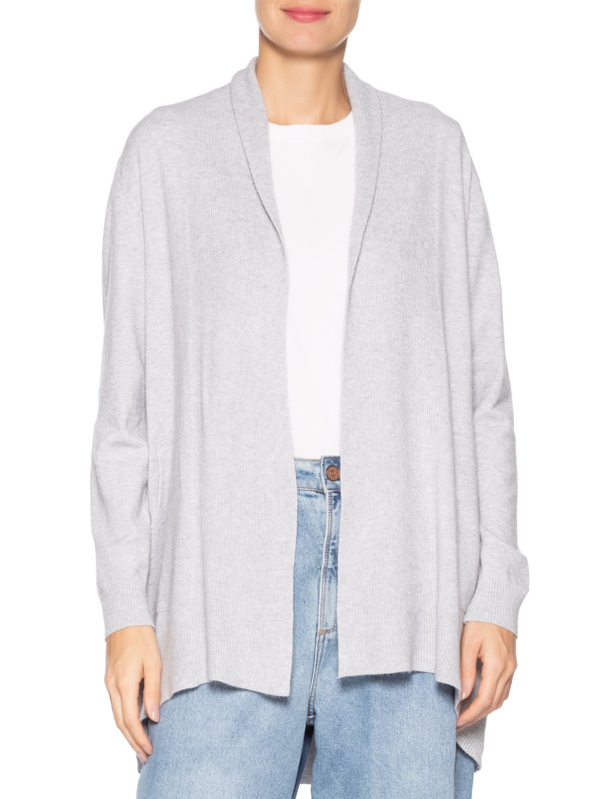 Cardigã Feminino Alongado Comfy Em Tricot Cinza Basiq