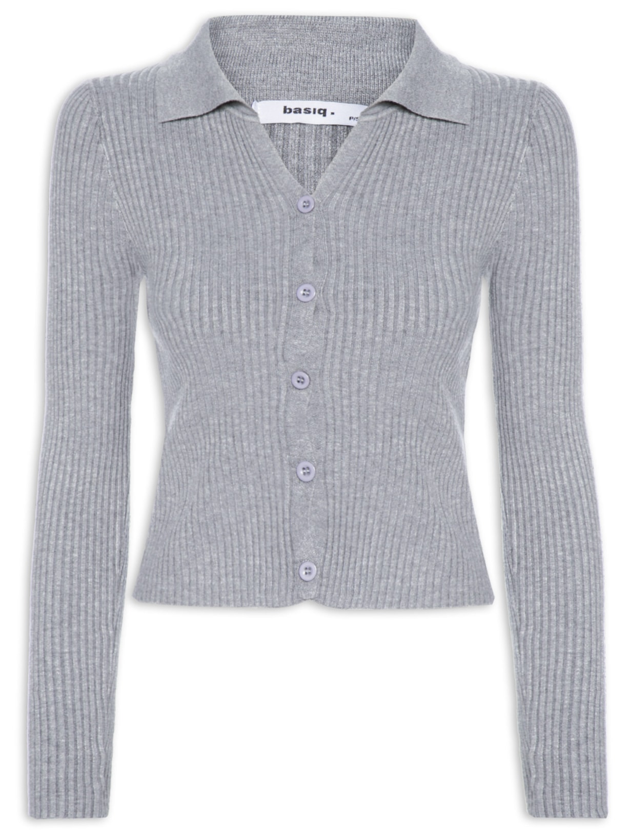 Cardigã Feminino Canelado Gola Polo - Cinza
