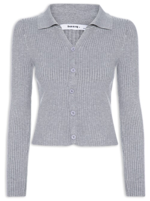 Cardigã Feminino Canelado Gola Polo - Cinza