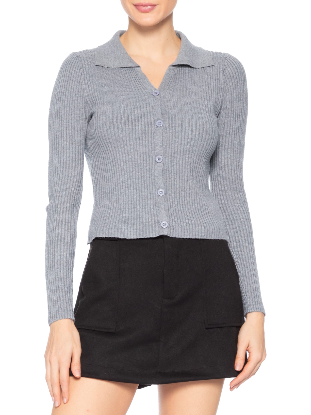 Cardigã Feminino Canelado Gola Polo Cinza Basiq