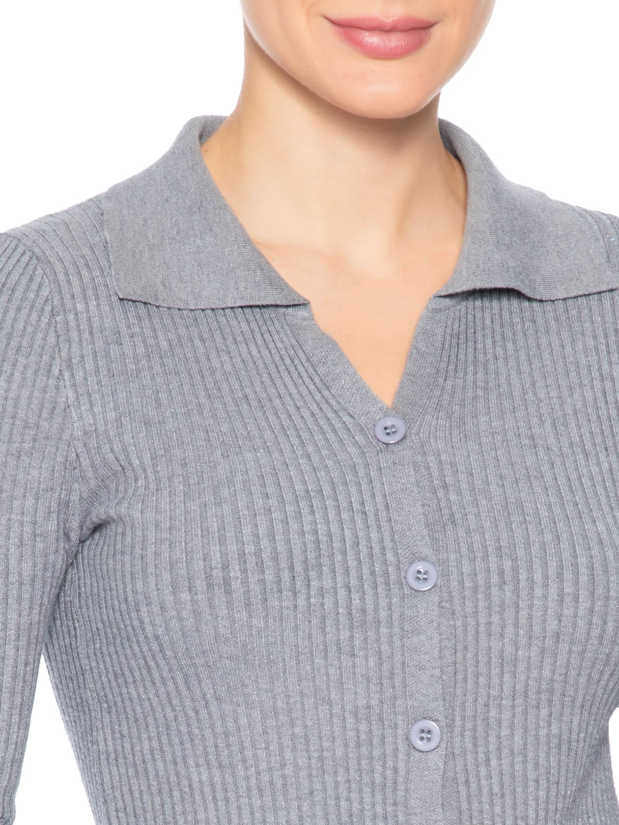 Cardigã Feminino Canelado Gola Polo Cinza Basiq