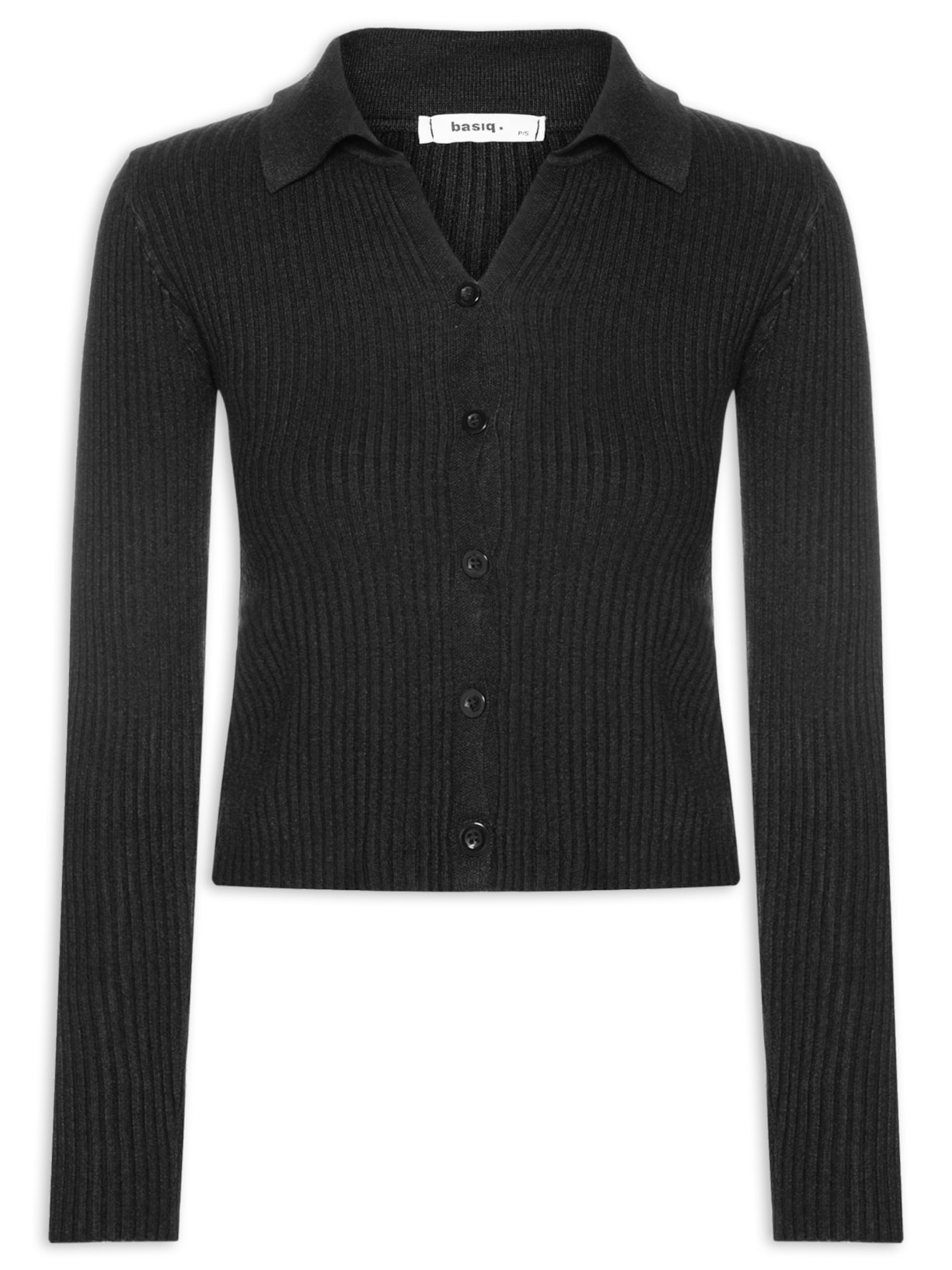 Cardigã Feminino Canelado Gola Polo - Preto