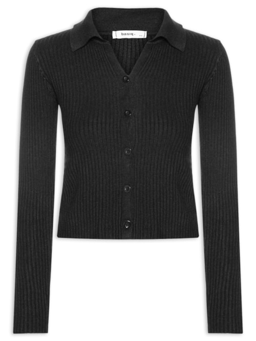Cardigã Feminino Canelado Gola Polo - Preto
