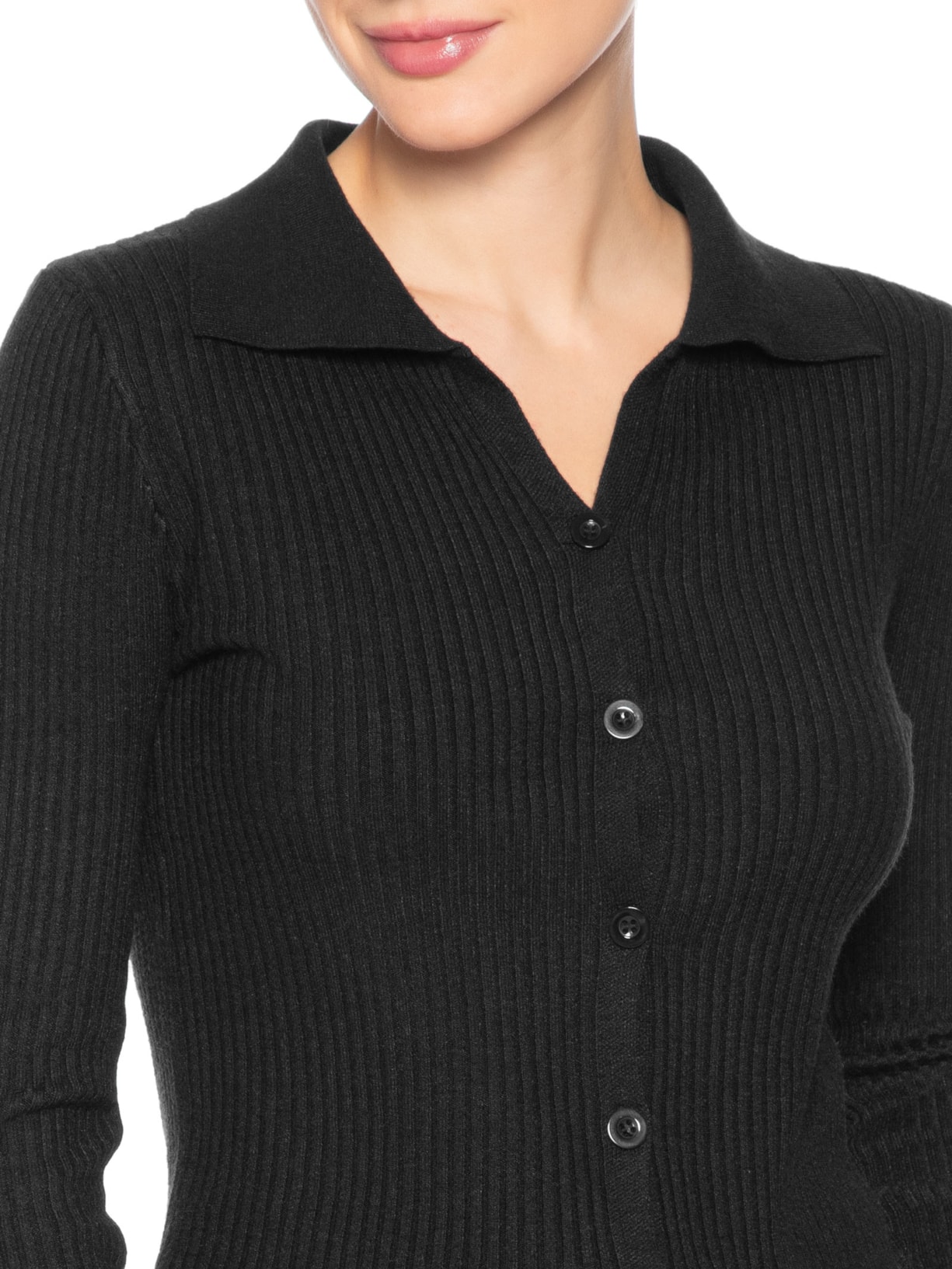 Cardigã Feminino Canelado Gola Polo Preto Basiq