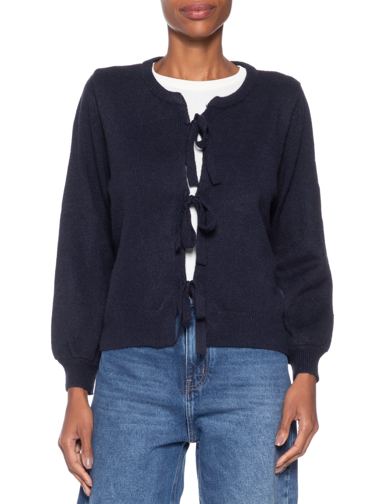 Cardigã Feminino Em Tricot Com Amarração  Azul Market 33