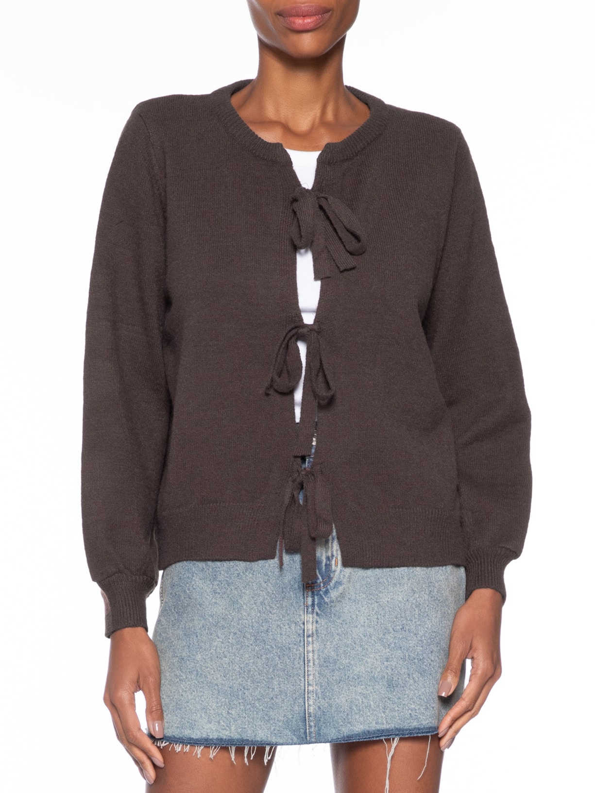 Cardigã Feminino Em Tricot Com Amarração  Marrom Market 33