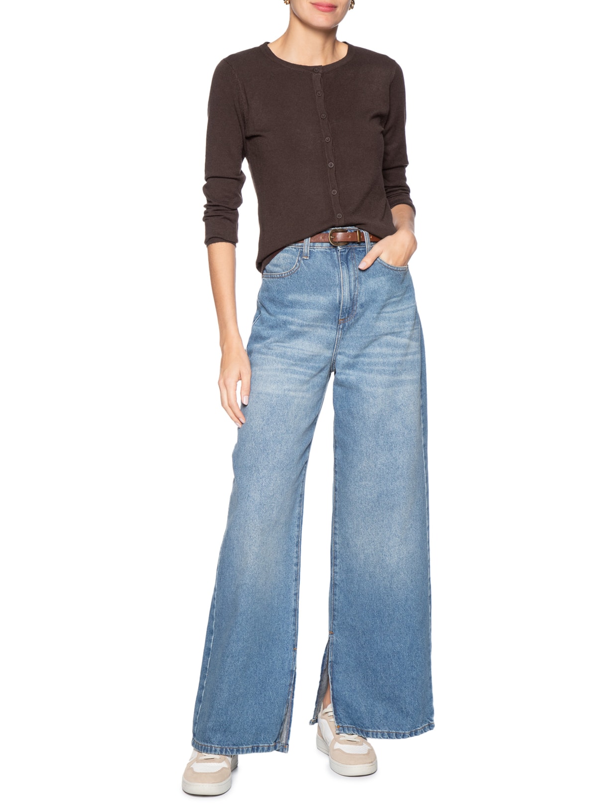 Cardigã Feminino Em Tricot Marrom Basiq