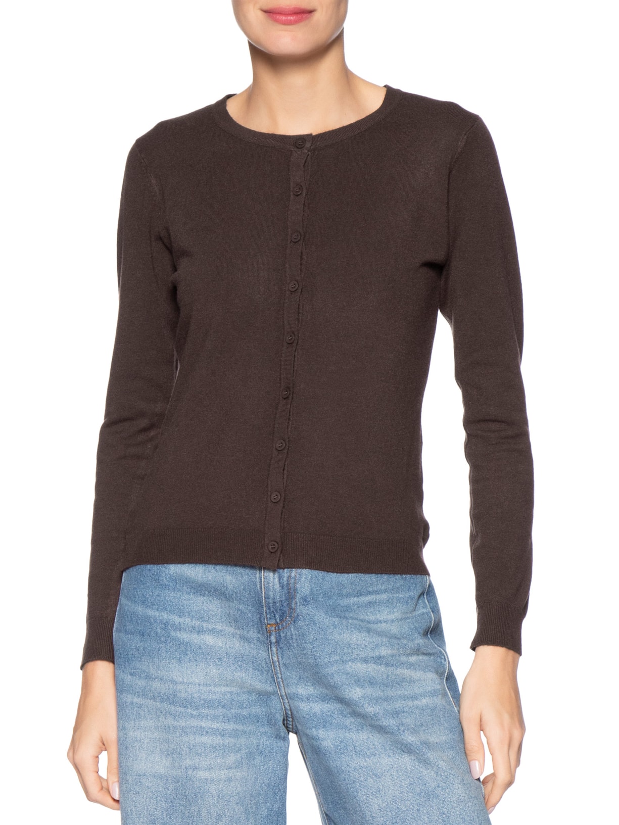 Cardigã Feminino Em Tricot Marrom Basiq