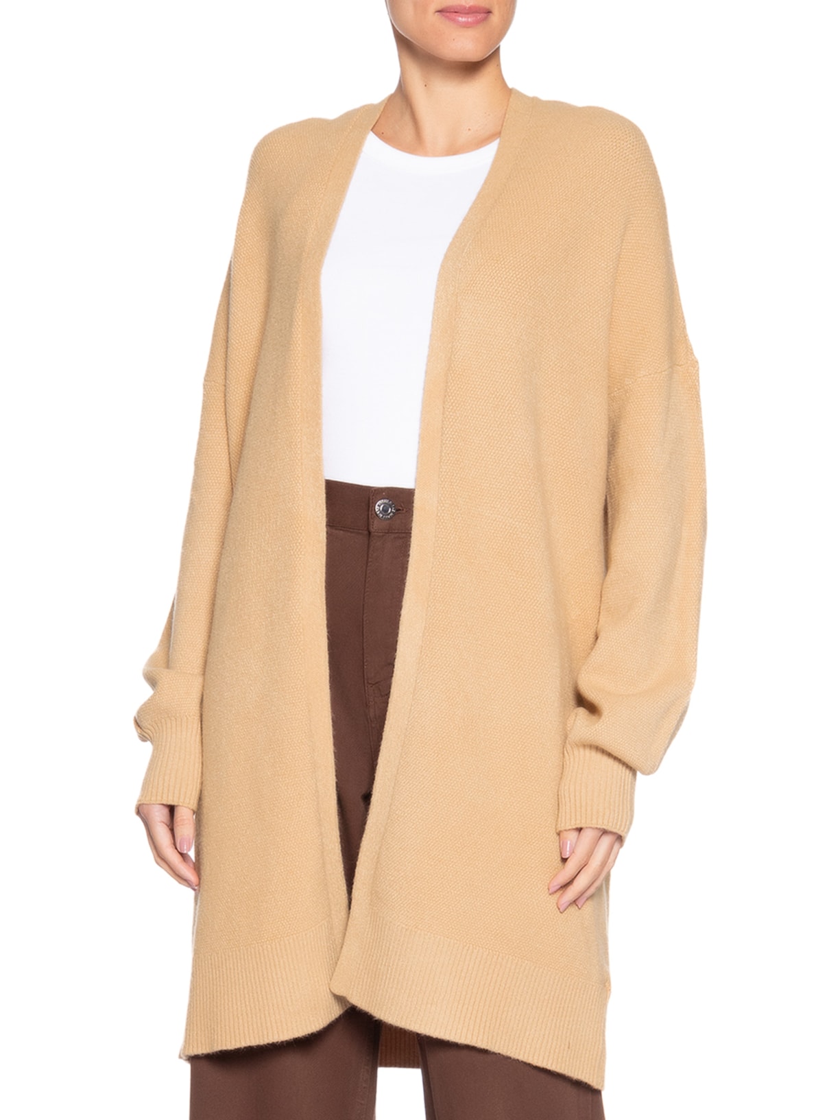 Cardigã Feminino Tricot Alongada Com Capuz Bege Basiq