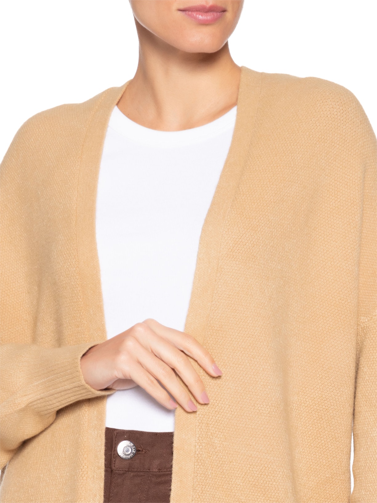 Cardigã Feminino Tricot Alongada Com Capuz Bege Basiq