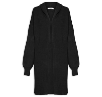 Cardigã Feminino Tricot Alongada Com Capuz - Preto