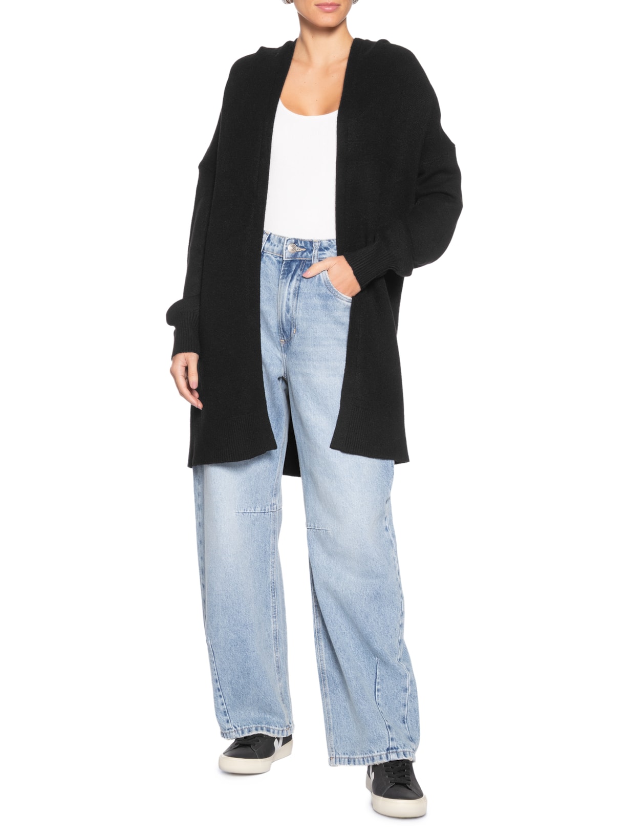 Cardigã Feminino Tricot Alongada Com Capuz Preto Basiq