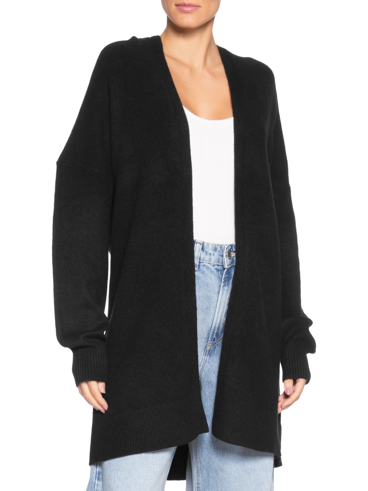 Cardigã Feminino Tricot Alongada Com Capuz Preto Basiq