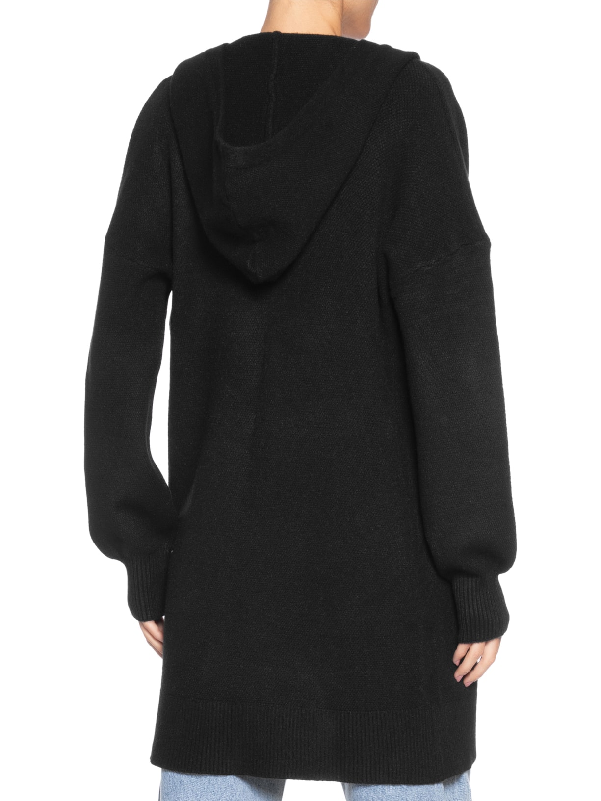 Cardigã Feminino Tricot Alongada Com Capuz Preto Basiq