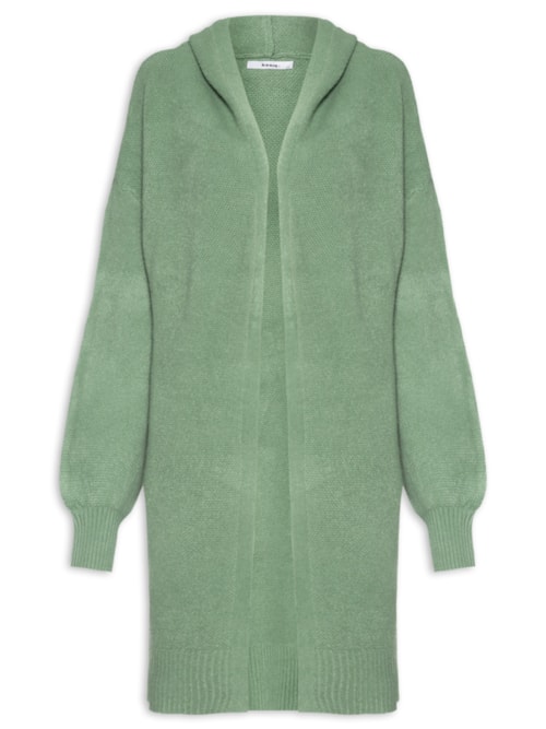 Cardigã Feminino Tricot Alongada Com Capuz - Verde