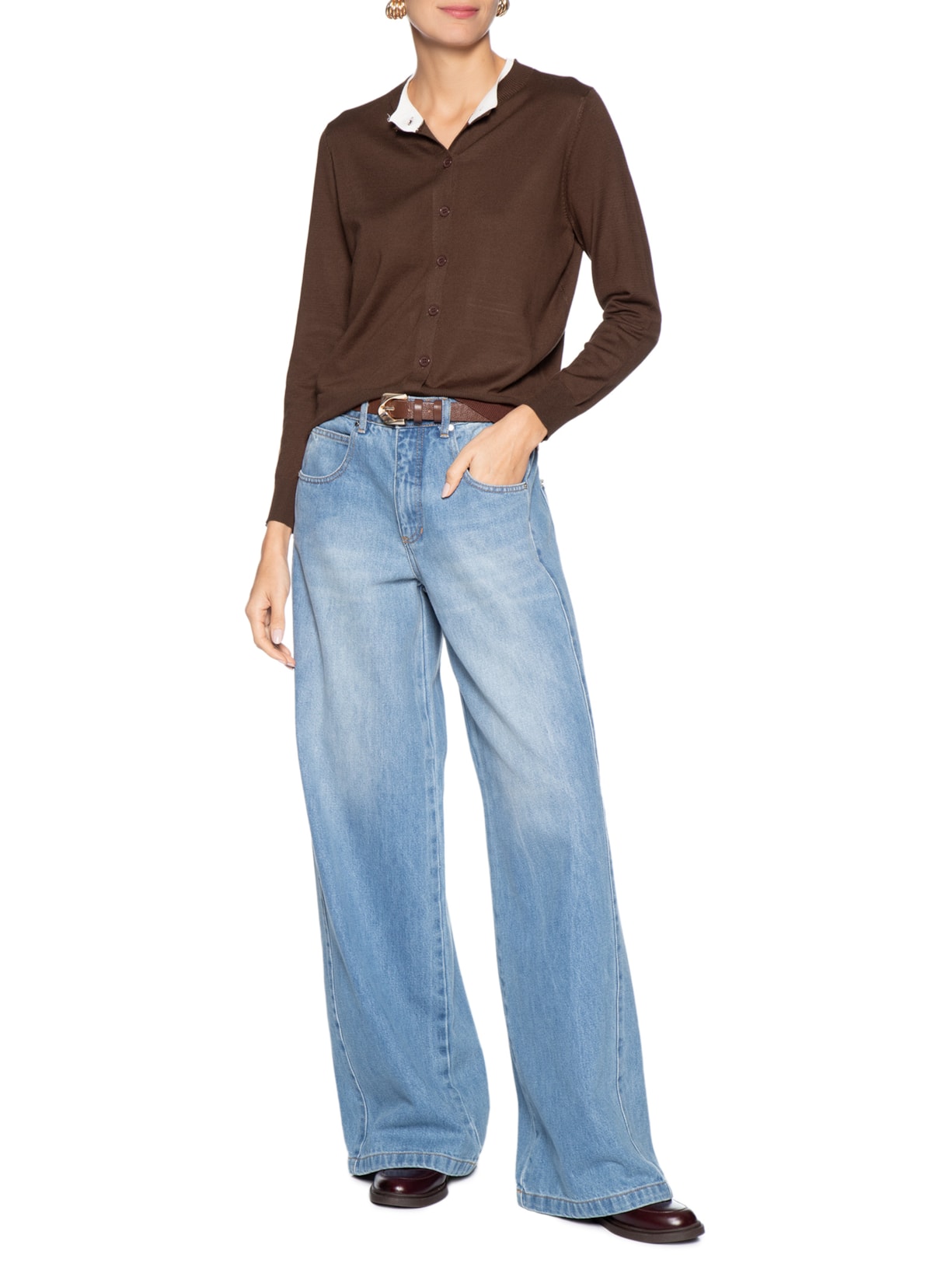 Cardigã Feminino Tricot Detalhe Bicolor Marrom Basiq