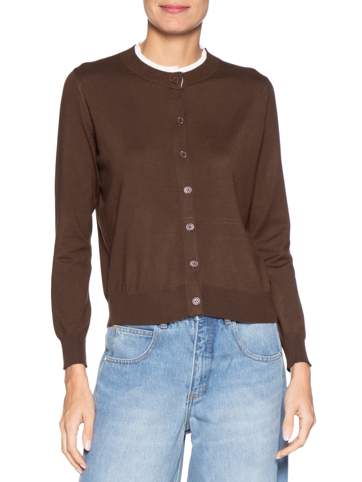 Cardigã Feminino Tricot Detalhe Bicolor Marrom Basiq