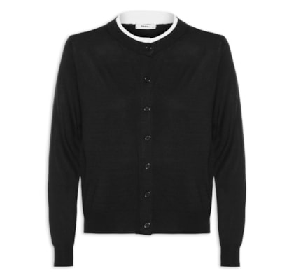Cardigã Feminino Tricot Detalhe Bicolor - Preto