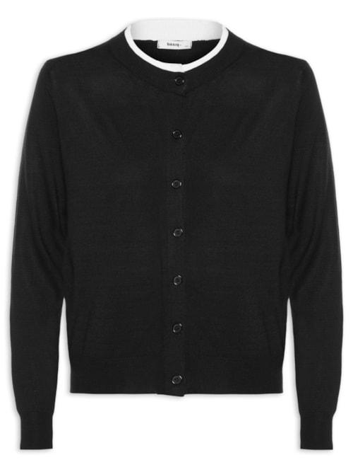 Cardigã Feminino Tricot Detalhe Bicolor - Preto