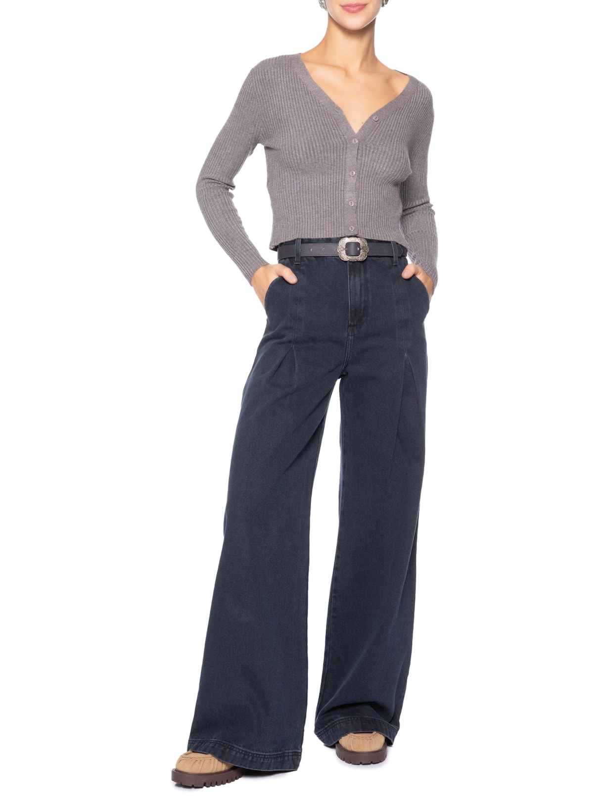 Cardigã Feminino Tricot Gola V Cinza Basiq