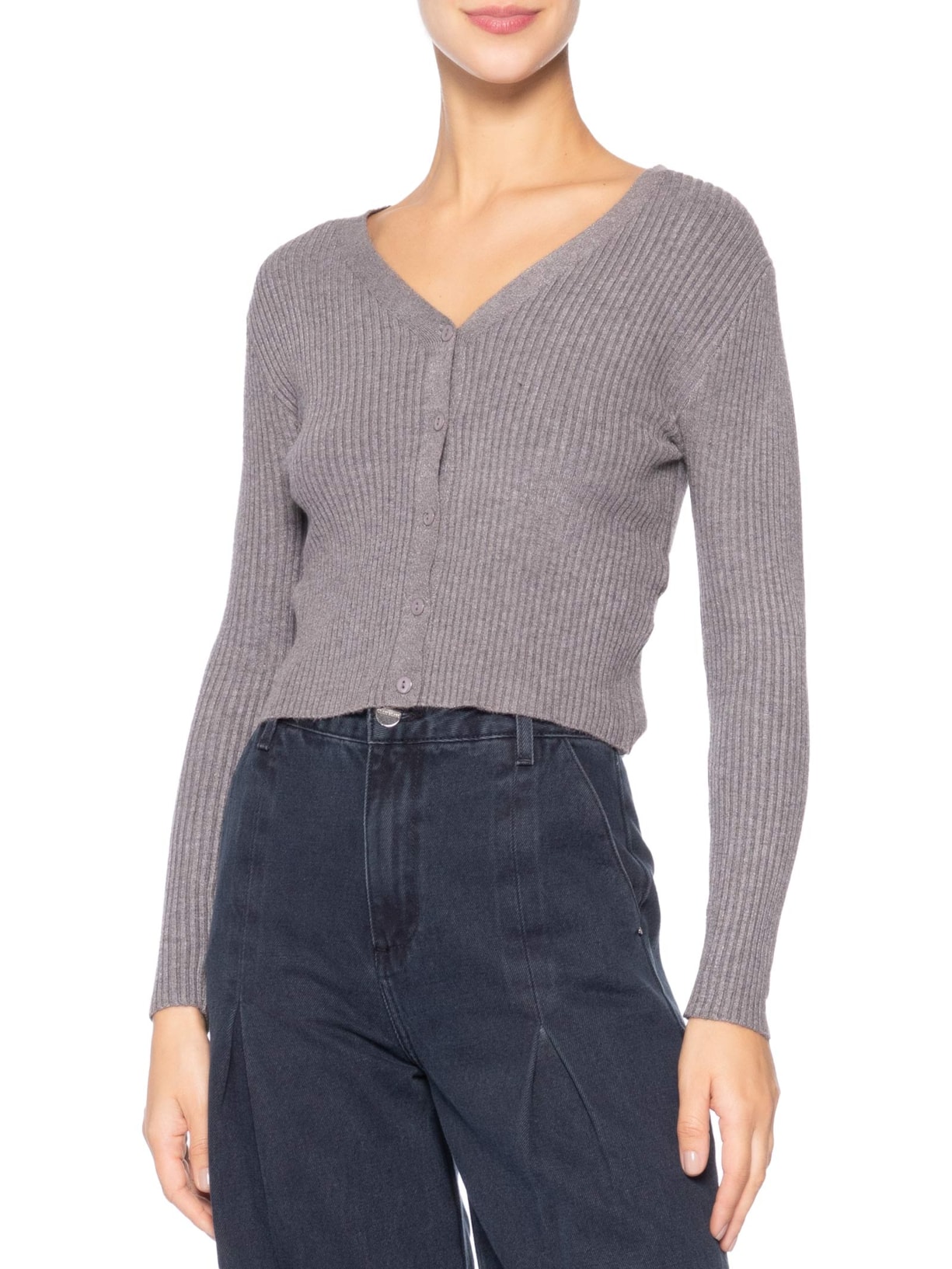 Cardigã Feminino Tricot Gola V Cinza Basiq