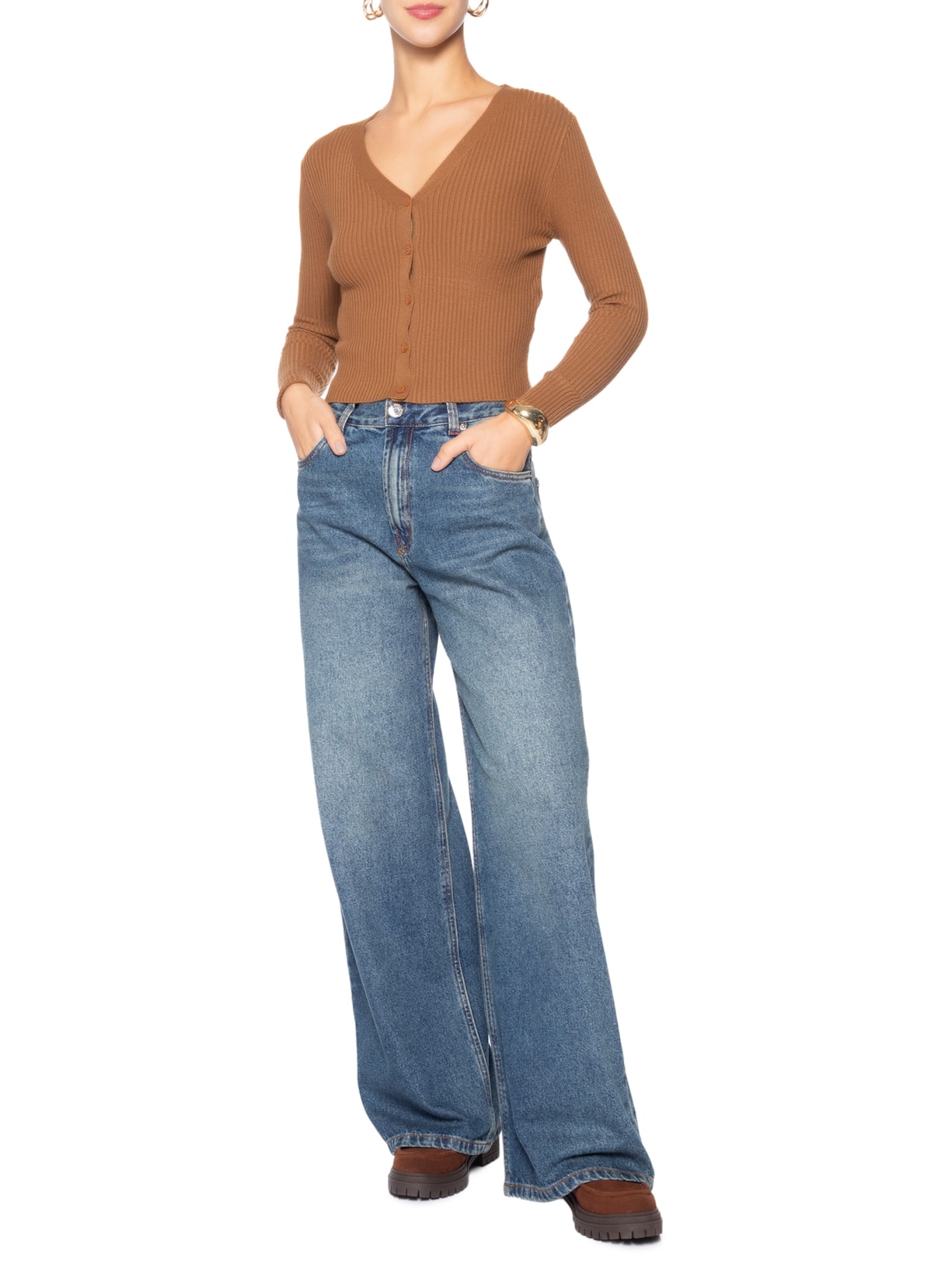 Cardigã Feminino Tricot Gola V Marrom Basiq