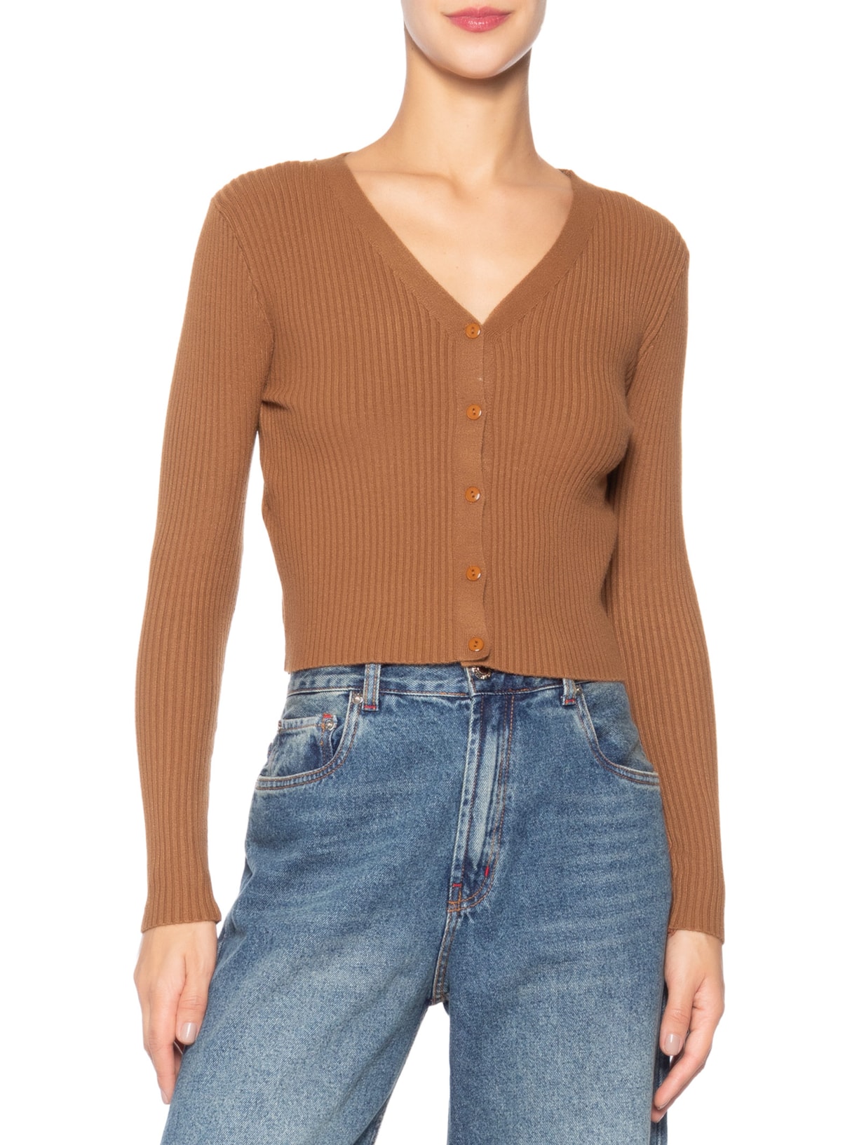 Cardigã Feminino Tricot Gola V Marrom Basiq