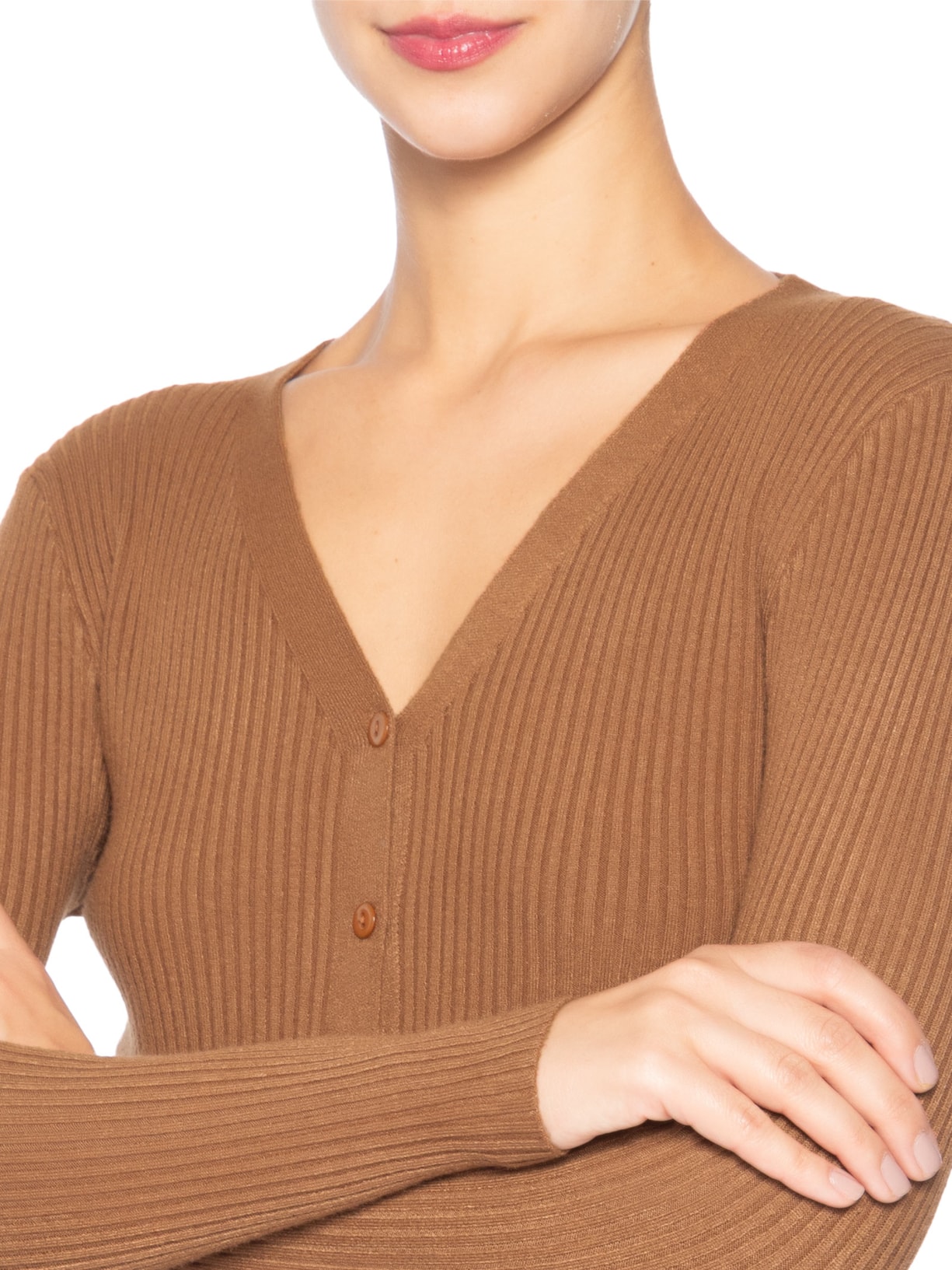 Cardigã Feminino Tricot Gola V Marrom Basiq