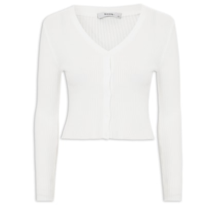 Cardigã Feminino Tricot Gola V - Off White