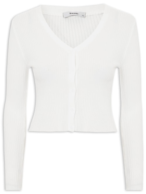 Cardigã Feminino Tricot Gola V - Off White