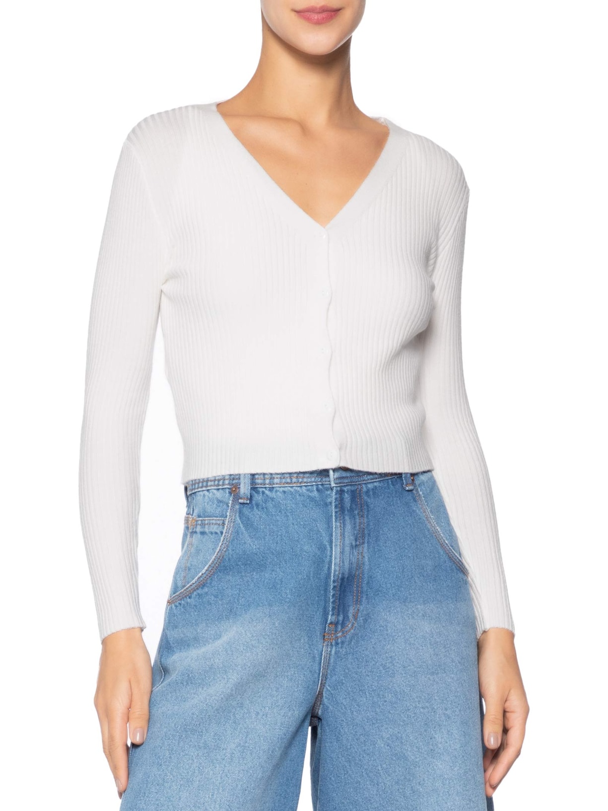 Cardigã Feminino Tricot Gola V Off White Basiq