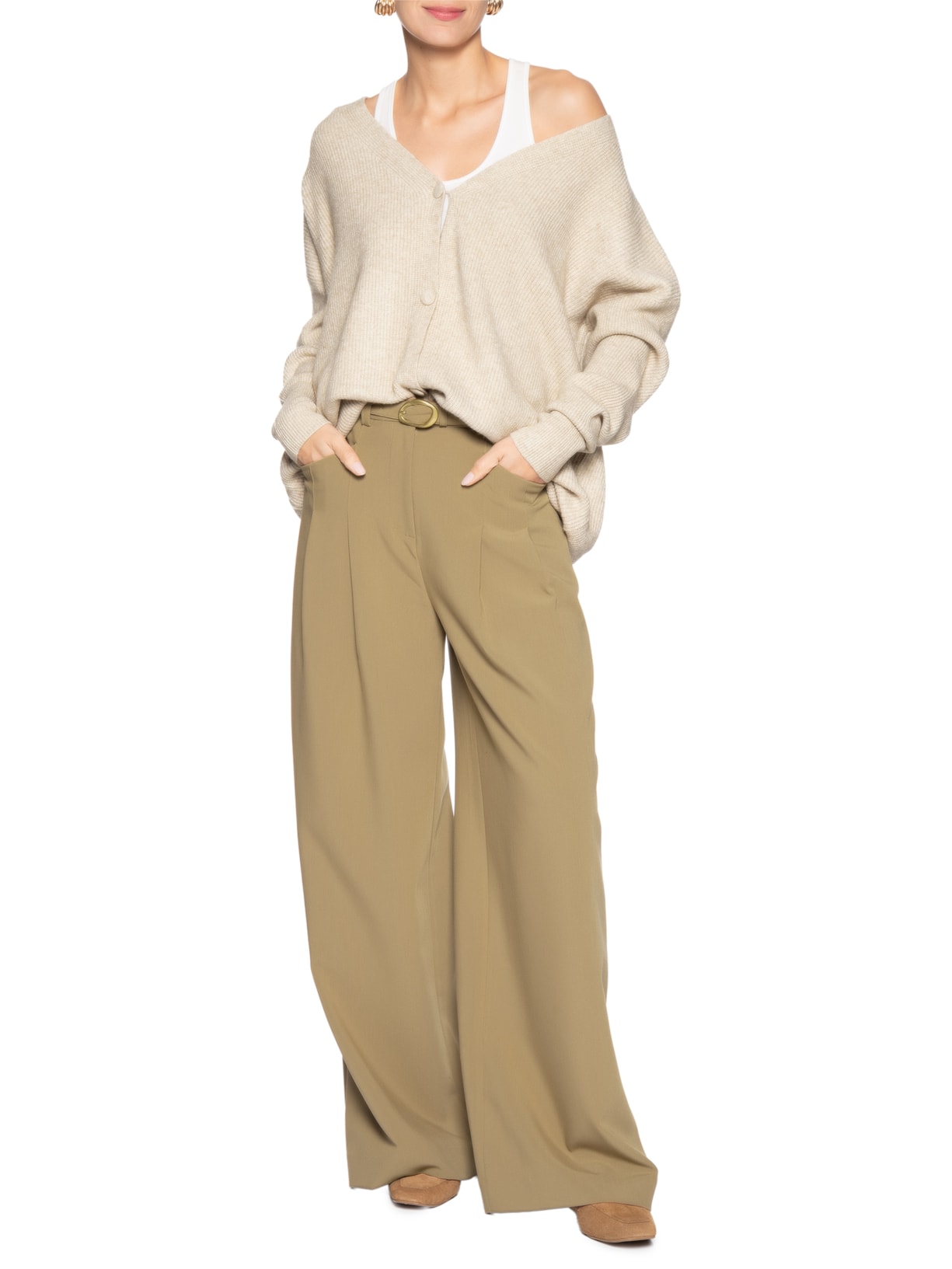 Cardigã Feminino Tricot Oversized Texturizado Bege Basiq