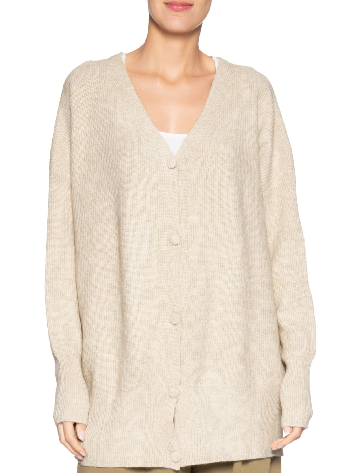 Cardigã Feminino Tricot Oversized Texturizado Bege Basiq