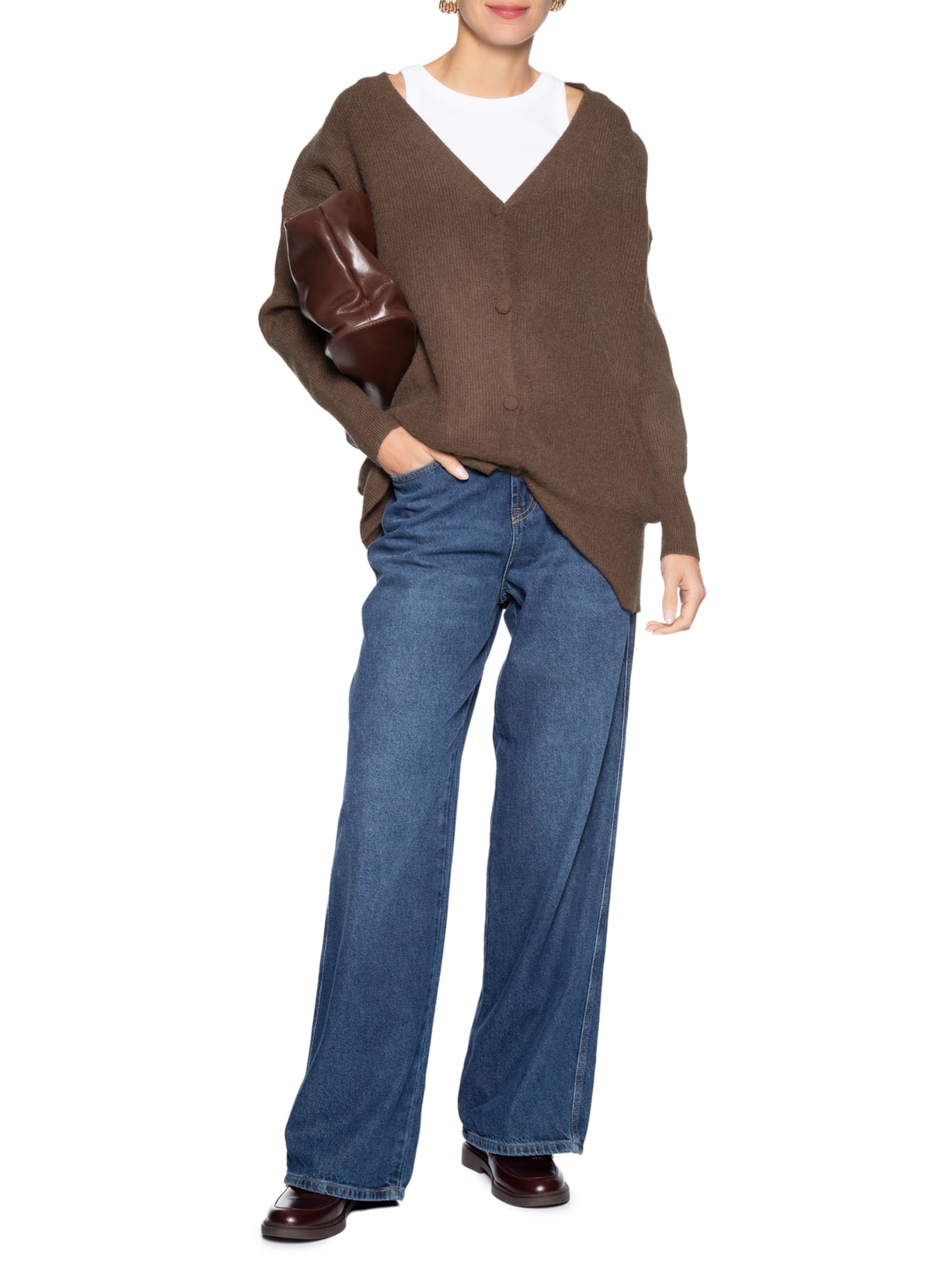Cardigã Feminino Tricot Oversized Texturizado Marrom Basiq
