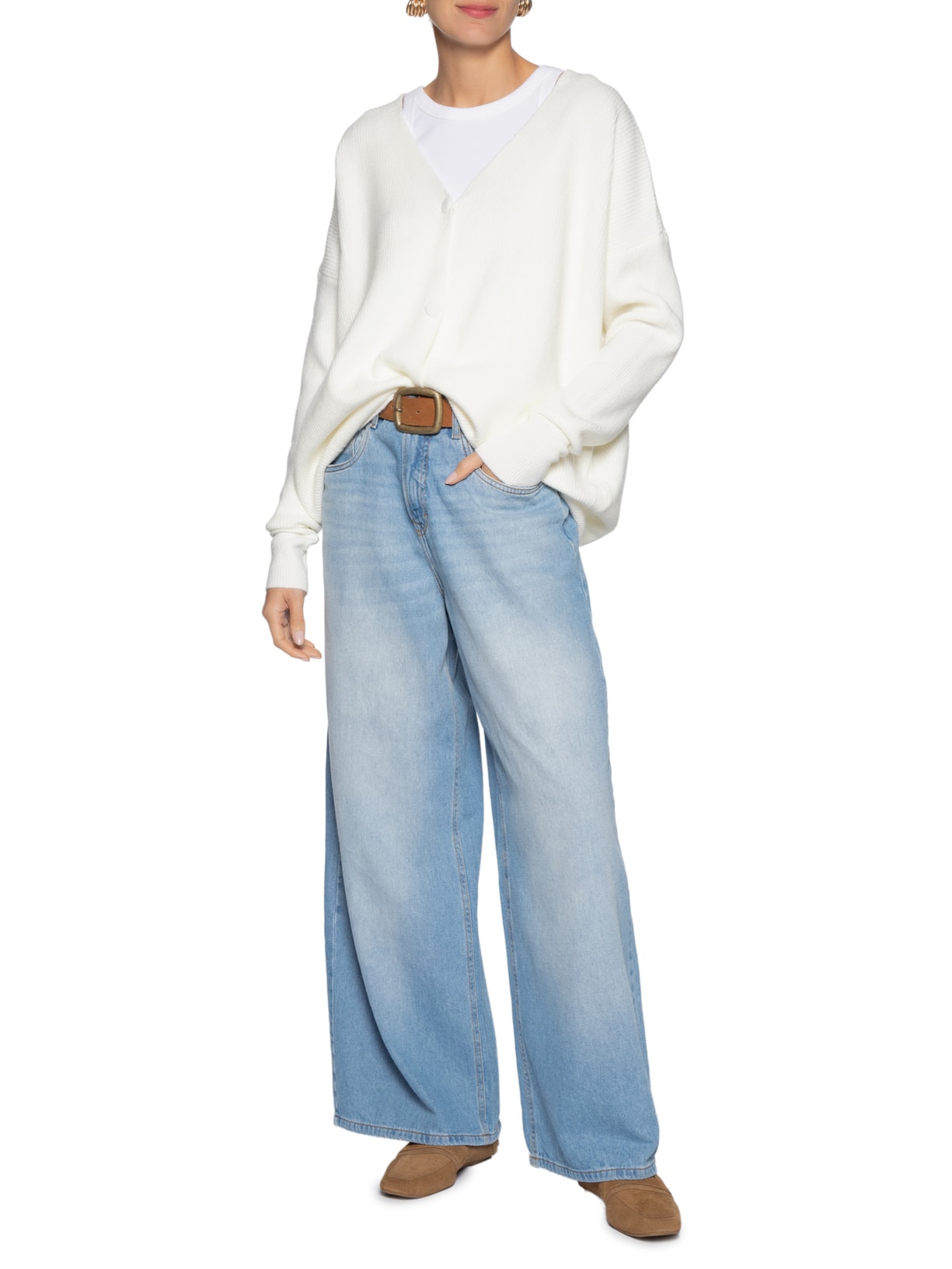Cardigã Feminino Tricot Oversized Texturizado Off White Basiq