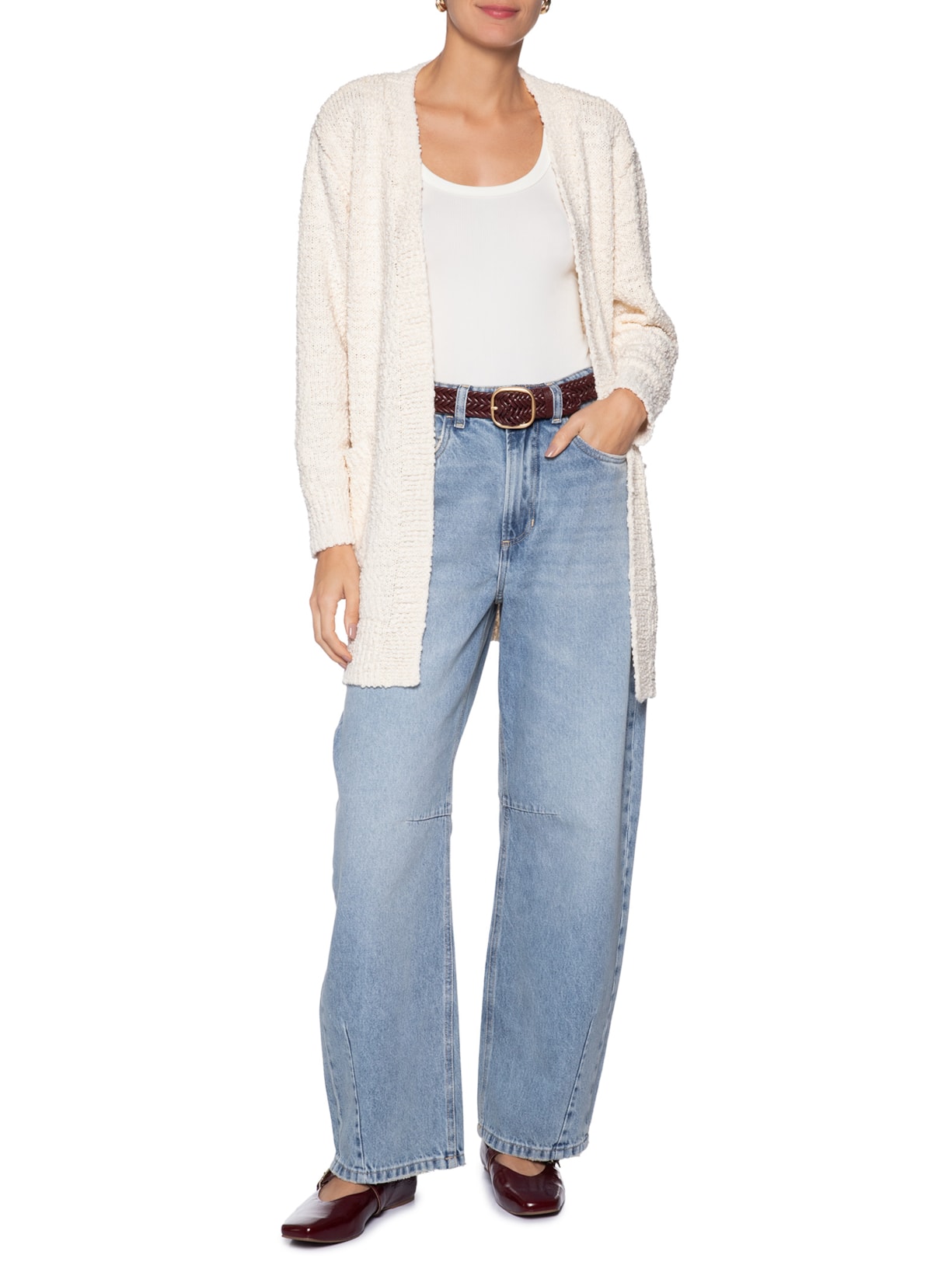 Cardigã Feminino Tricot Texturizado Alongado Branco Basiq